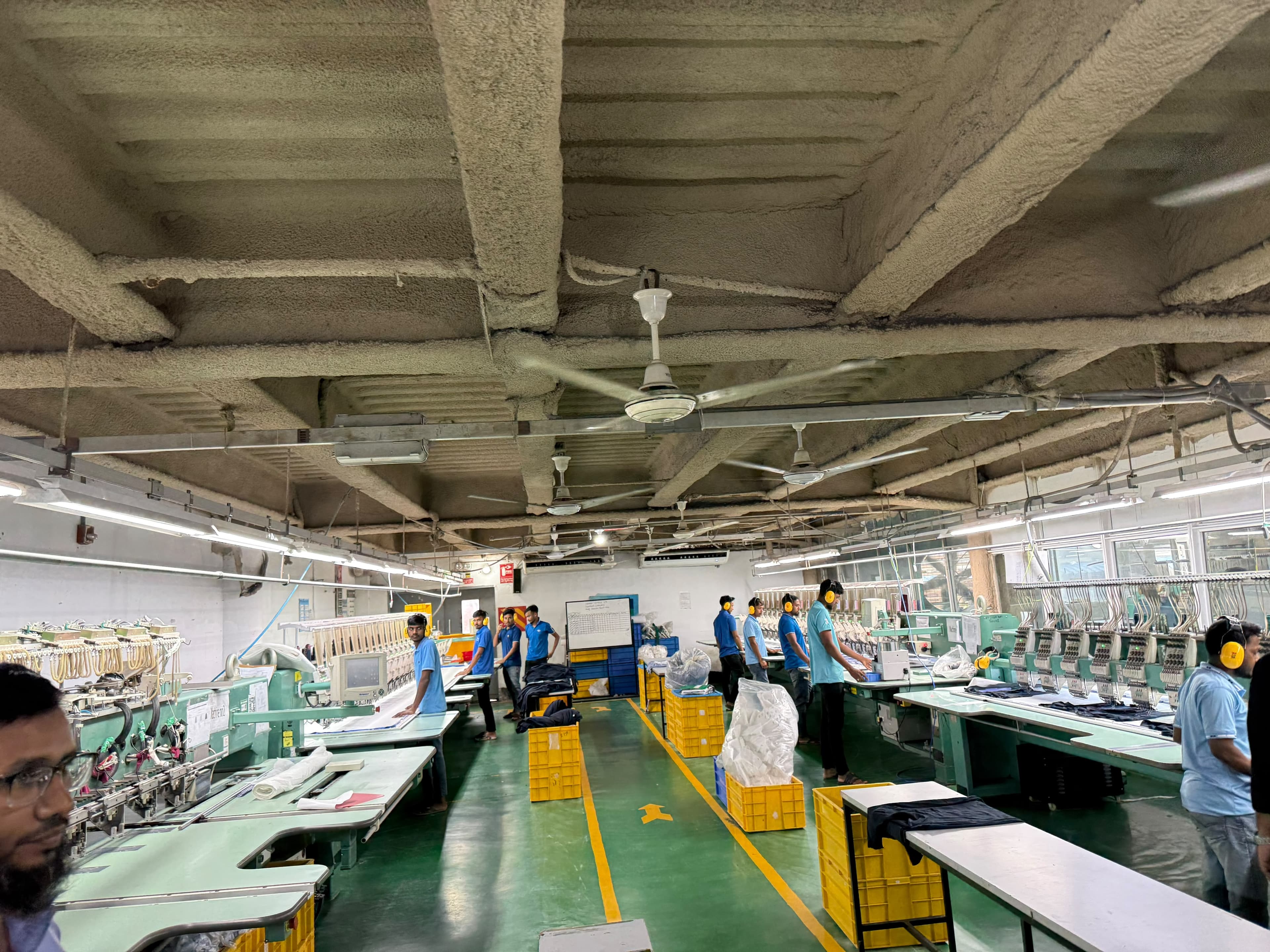 Embroidery machines in operation