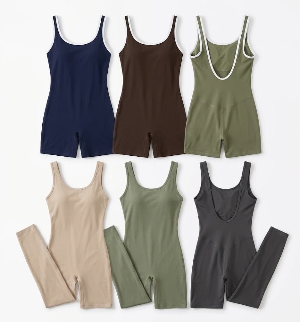 Six activewear bodysuits in navy, brown, olive, beige and charcoal