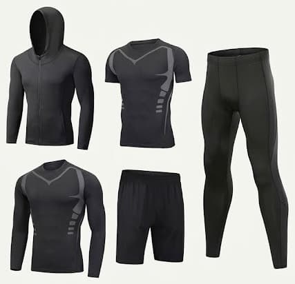 Black compression activewear sets with hoodies, tees, shorts and leggings