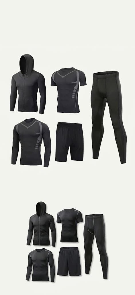 Black compression activewear sets with hoodies, tees, shorts and leggings