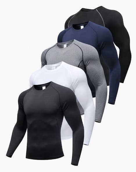 Men's long-sleeve compression tops in black, navy, grey and white on display forms