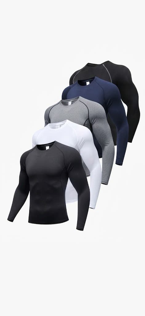 Men's long-sleeve compression tops in black, navy, grey and white on display forms