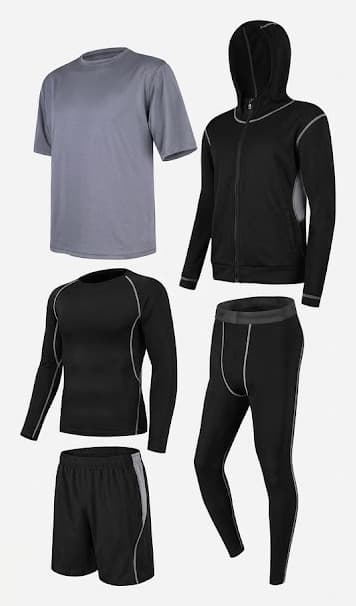 Men's training set with tee, zip hoodie, long sleeve, shorts and leggings in black and grey