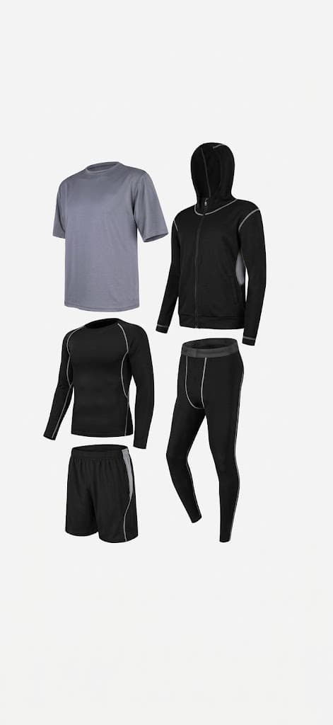 Men's training set with tee, zip hoodie, long sleeve, shorts and leggings in black and grey