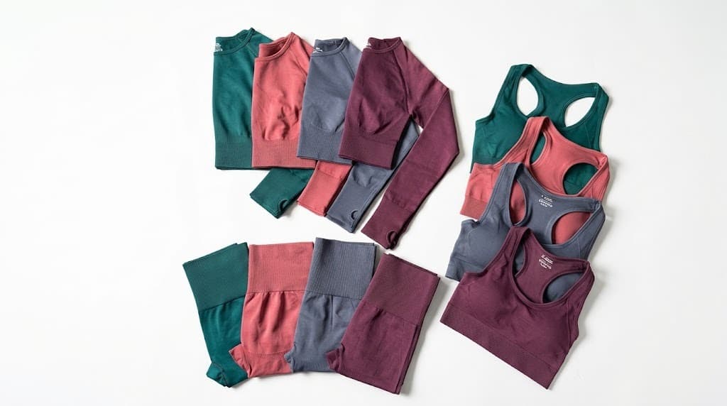 Activewear sets with long sleeve tops, sports bras and leggings in green, coral, grey and maroon