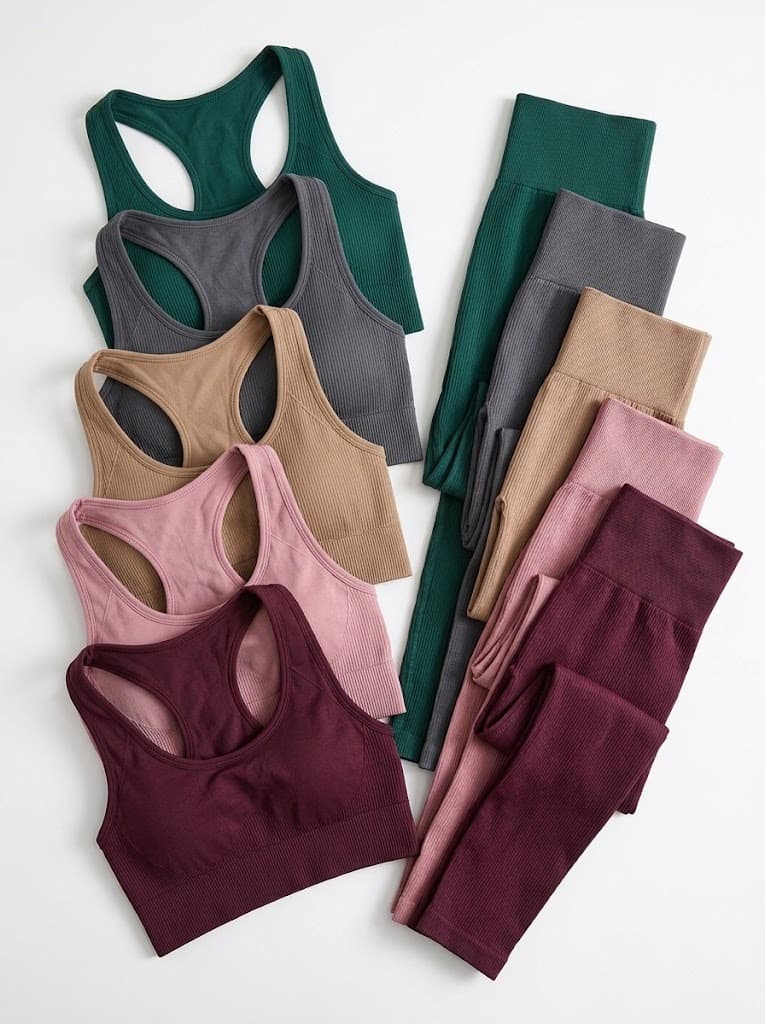 Matching sports bra and leggings sets in green, grey, tan, pink and burgundy laid flat