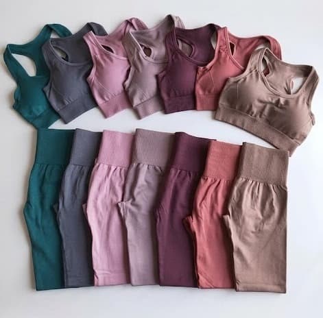 Seven sports bra and biker short sets in teal, grey, mauve, pink, plum, rose and taupe