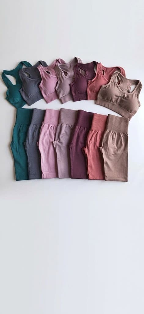 Seven sports bra and biker short sets in teal, grey, mauve, pink, plum, rose and taupe