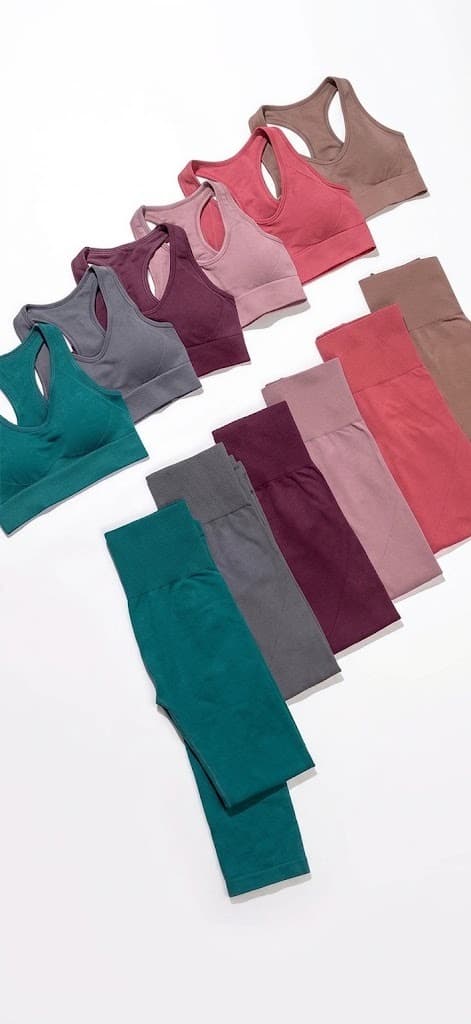 Sports bras and leggings in taupe, coral, pink, plum, grey and teal