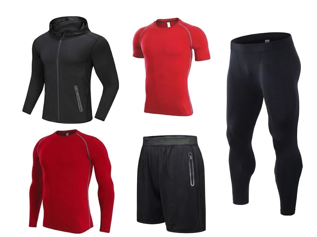 Men's training set with black hoodie, red tees, black shorts and compression leggings