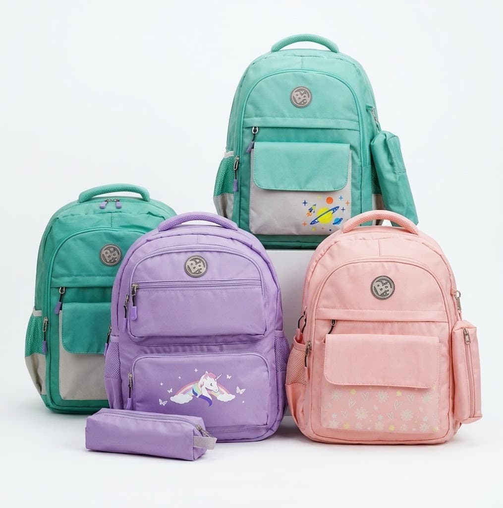 Kids' backpacks with pencil case in mint, purple and pink