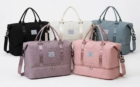 Quilted weekender duffle bags in black, cream, blue, mauve and pink