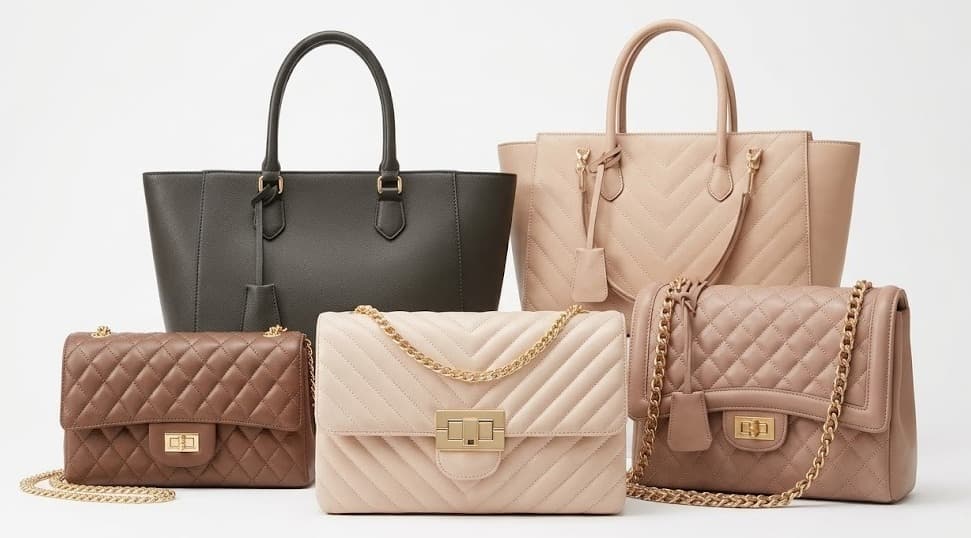 Quilted and structured women's handbags in black, beige, cream and brown