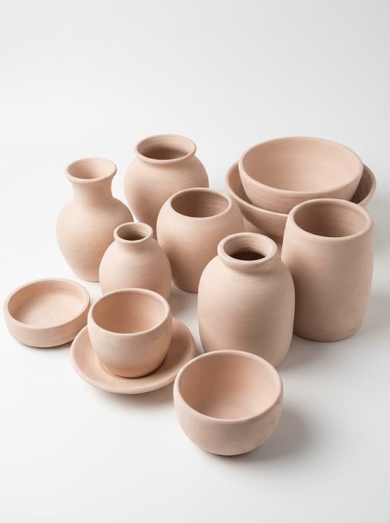 Unglazed bisque pottery vases, bowls and cups arranged on white