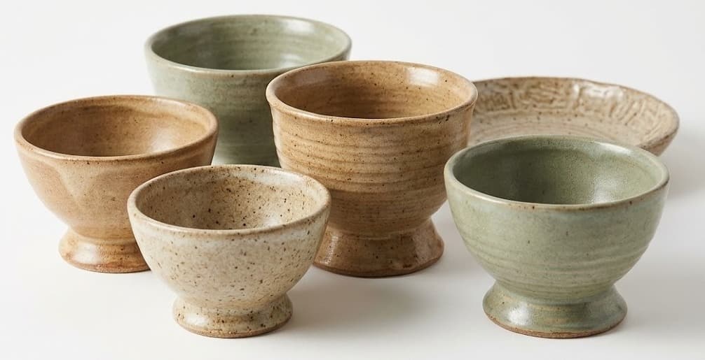 Speckled stoneware pedestal bowls in beige and sage glazes on white background
