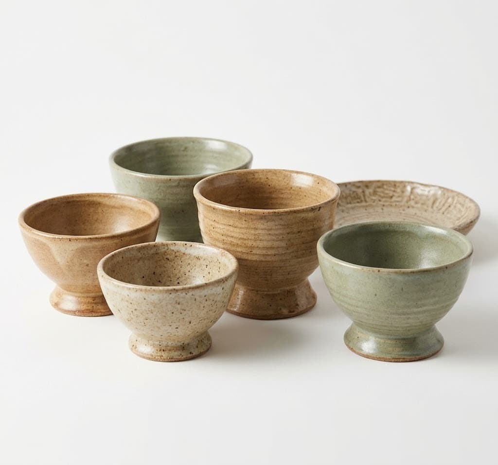 Speckled stoneware pedestal bowls in beige and sage glazes on white background
