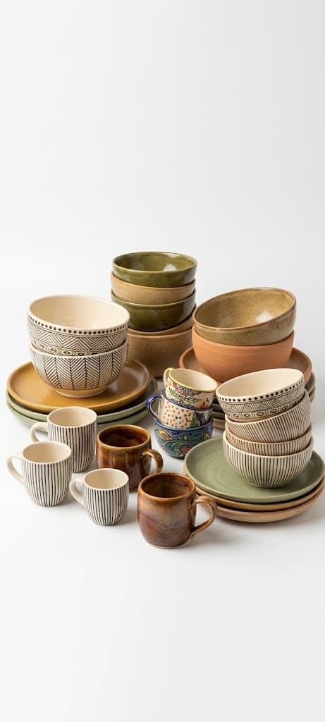 Handmade stoneware bowls and mugs in earthy green, brown and striped glazes