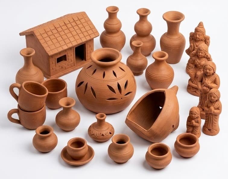 Terracotta pottery collection with hut model, vases, pots and figurines on white background
