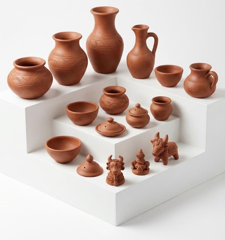Terracotta pottery vases, pots and figurines arranged on white podiums