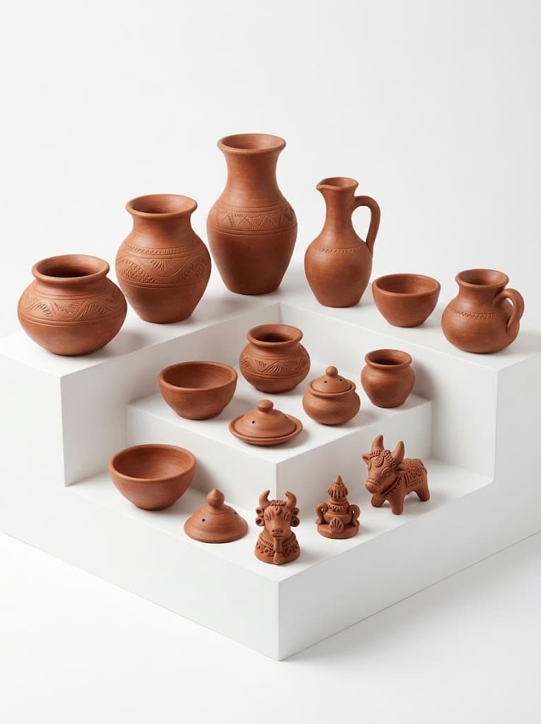 Terracotta pottery vases, pots and figurines arranged on white podiums