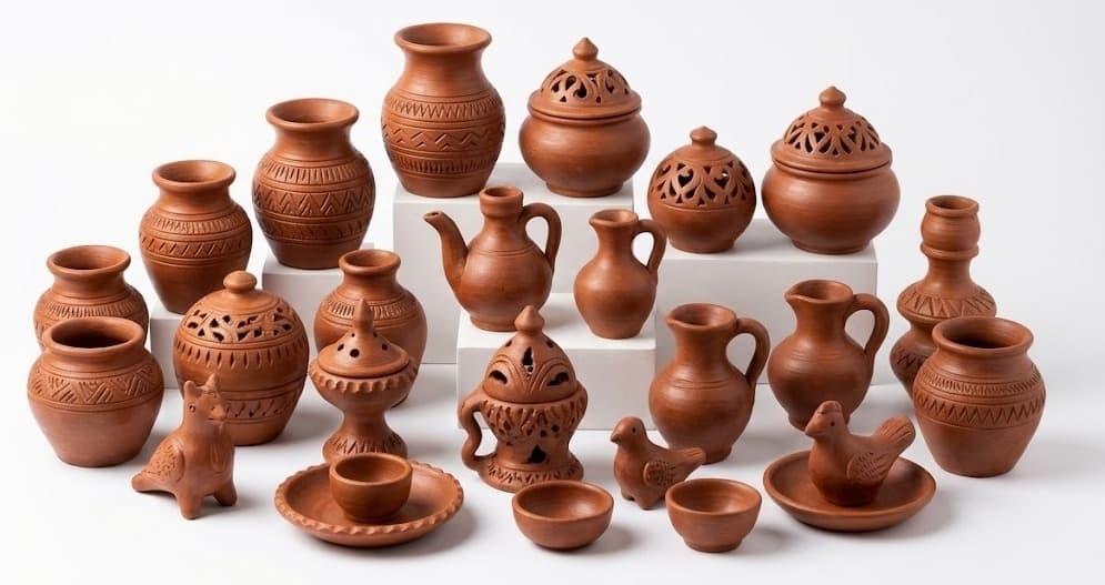 Terracotta pots, vases, teapots and animal figurines arranged on white background