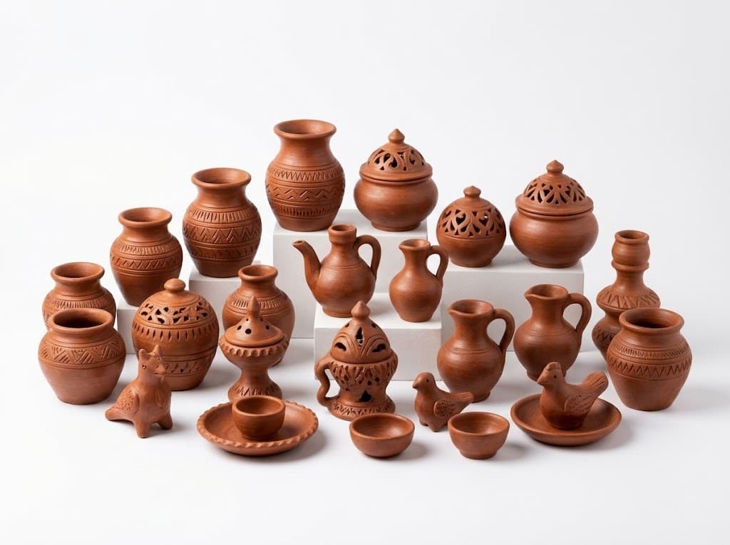 Terracotta pots, vases, teapots and animal figurines arranged on white background