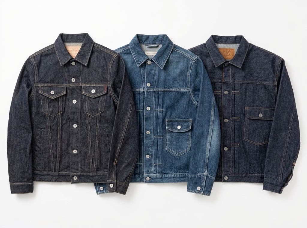 Three denim jackets in dark indigo and medium blue washes