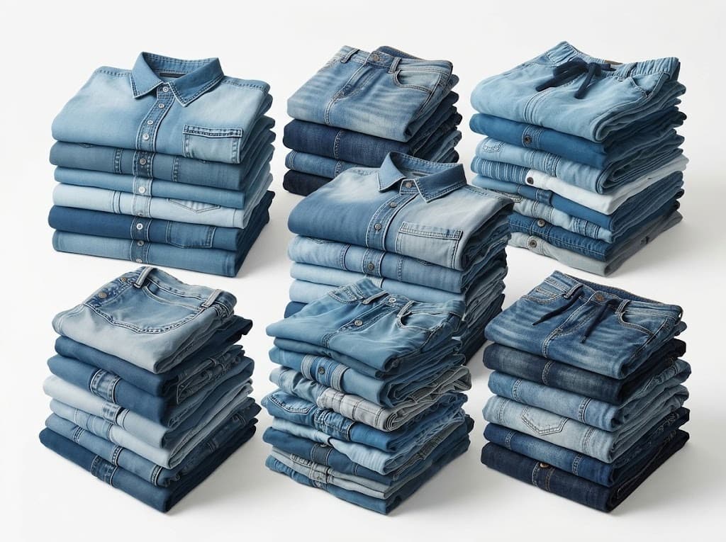 Stacks of folded blue jeans and denim shirts in assorted washes