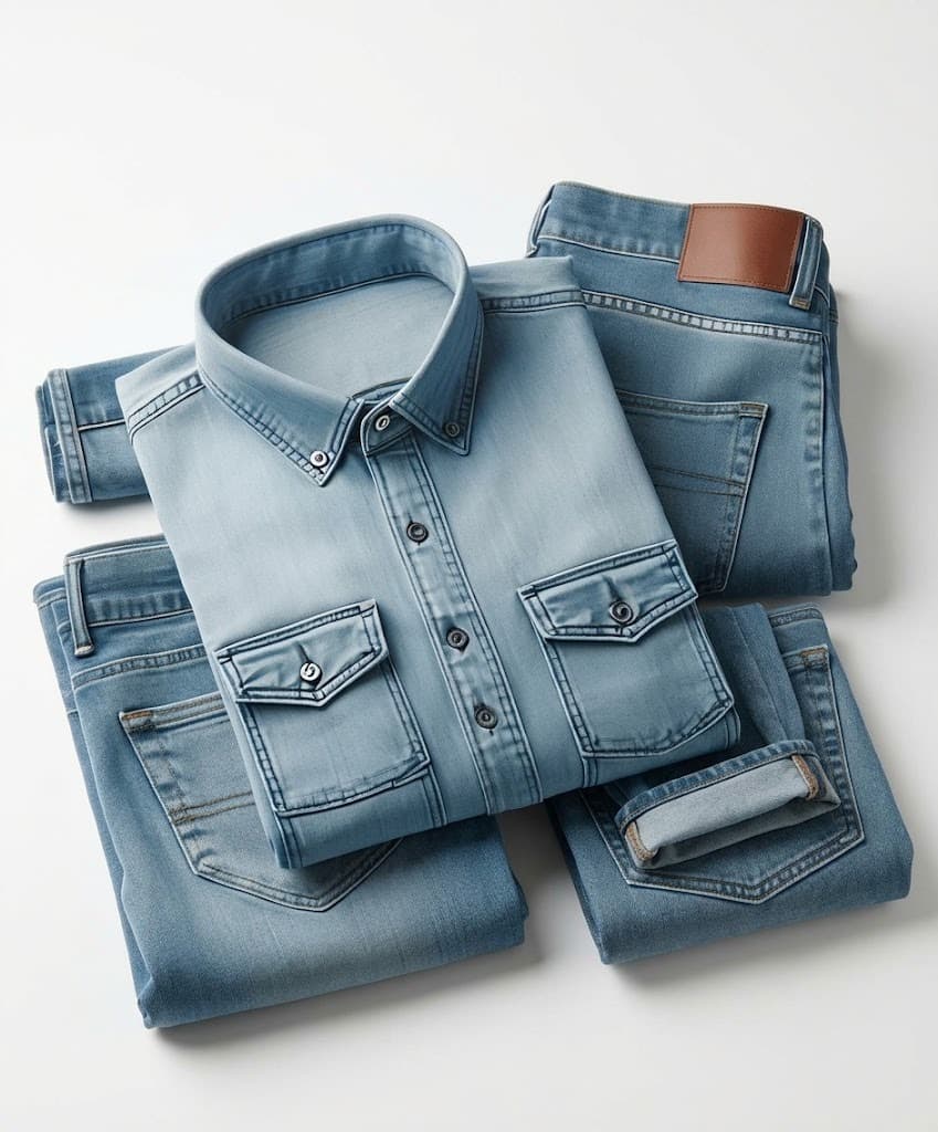 Light wash denim shirt laid over folded blue jeans