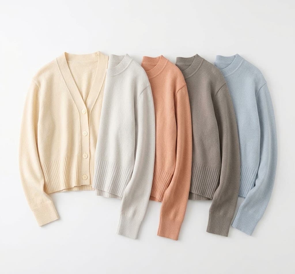 Five knit sweaters and cardigans in cream, oatmeal, terracotta, taupe and light blue