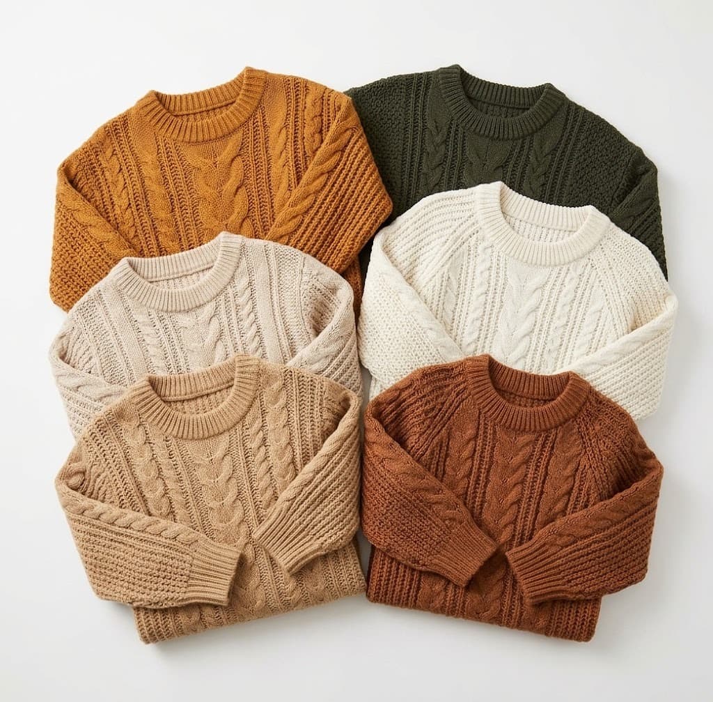 Six cable knit sweaters in mustard, olive, oatmeal, cream, tan and rust