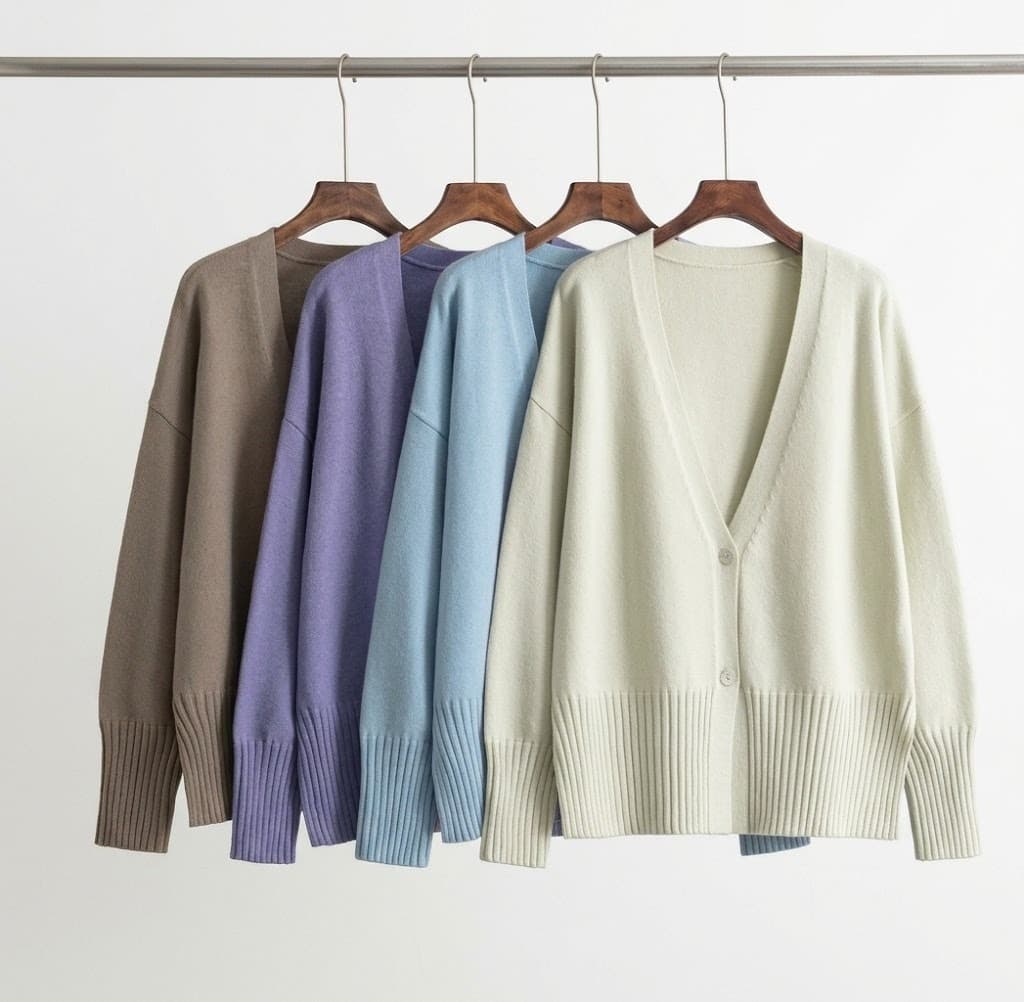 Four knit cardigans on hangers in taupe, purple, blue and cream