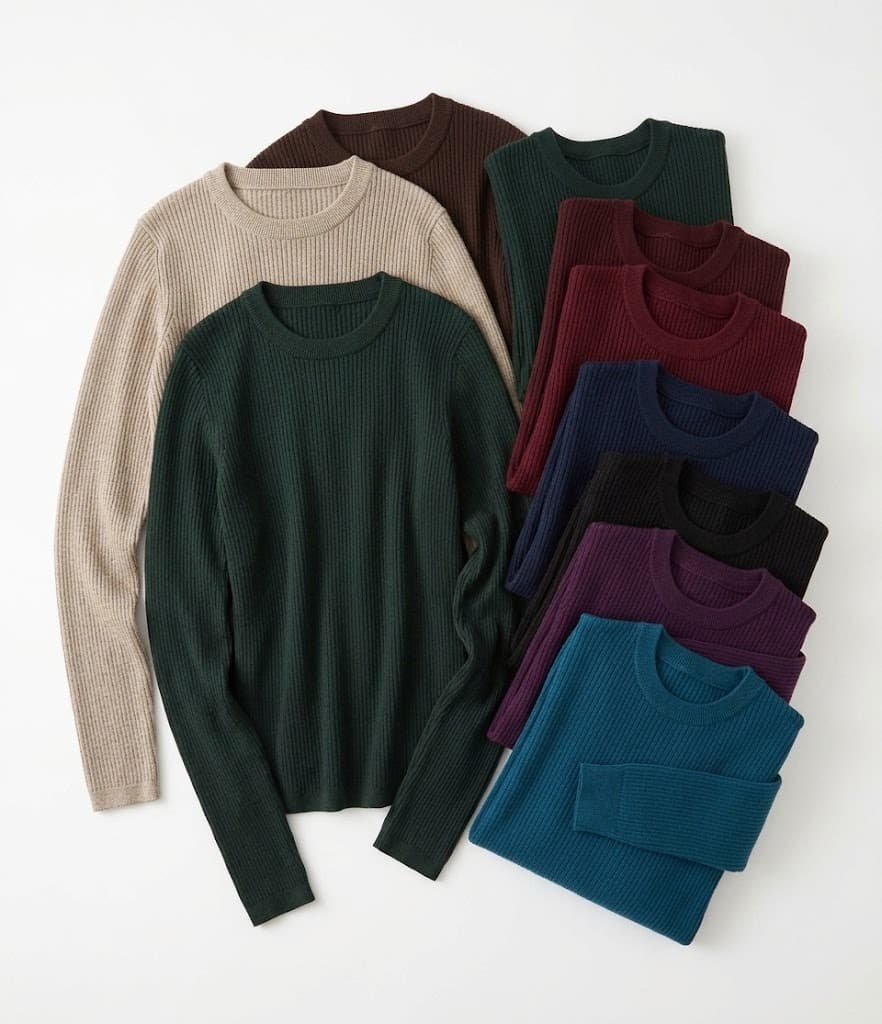 Stack of ribbed knit crewnecks in green, burgundy, navy, black, purple and teal