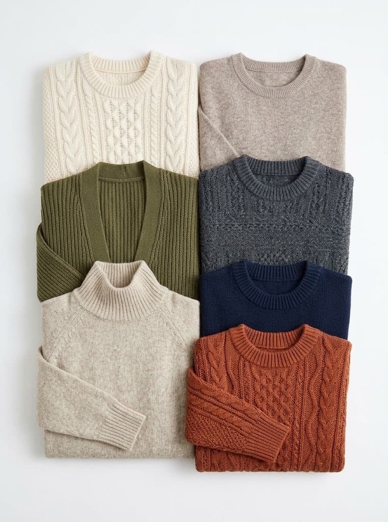 Folded knit sweaters in cream, taupe, olive, grey, navy and rust