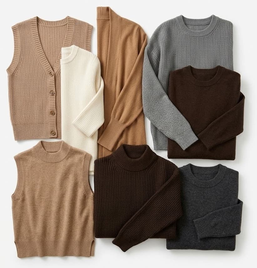 Assorted knit vests and sweaters in tan, cream, camel, grey and brown tones