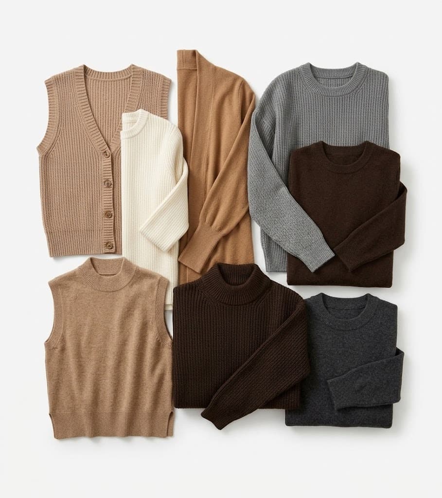 Assorted knit vests and sweaters in tan, cream, camel, grey and brown tones