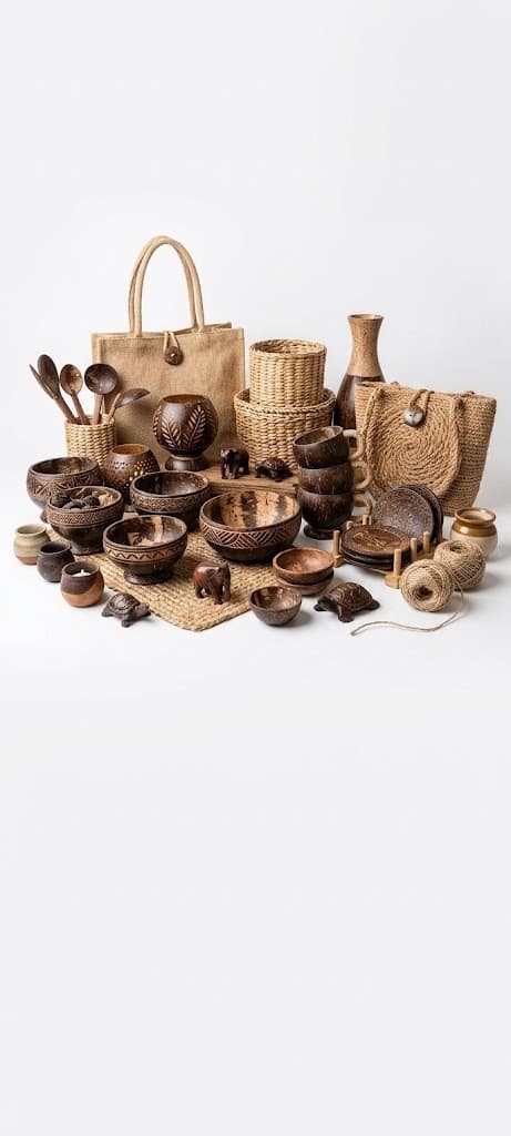 Wooden and coconut-shell bowls, carved spoons, jute bags and woven mats