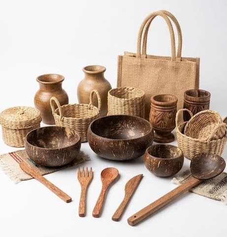 Coconut-shell bowls, wooden vases, cutlery and jute tote on white