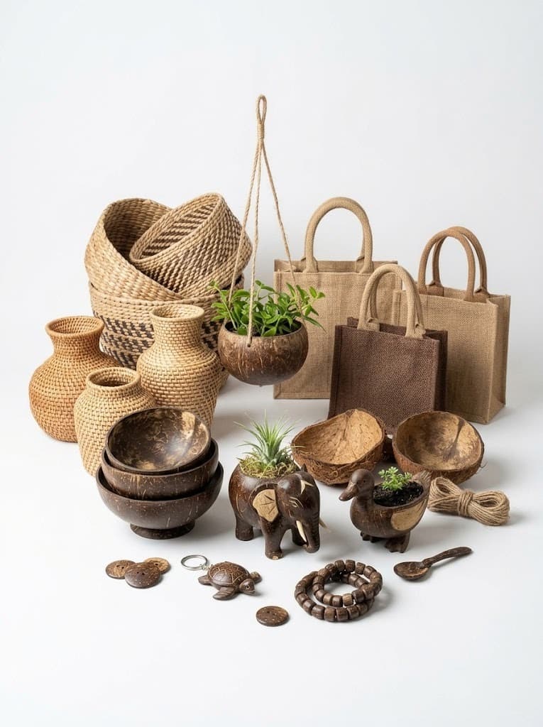 Coconut-shell planters, jute totes, woven vases and carved crafts