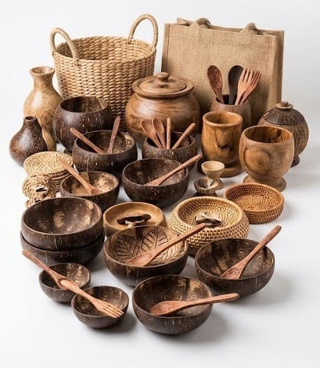 Coconut-shell bowls and pots with wooden cutlery and jute basket