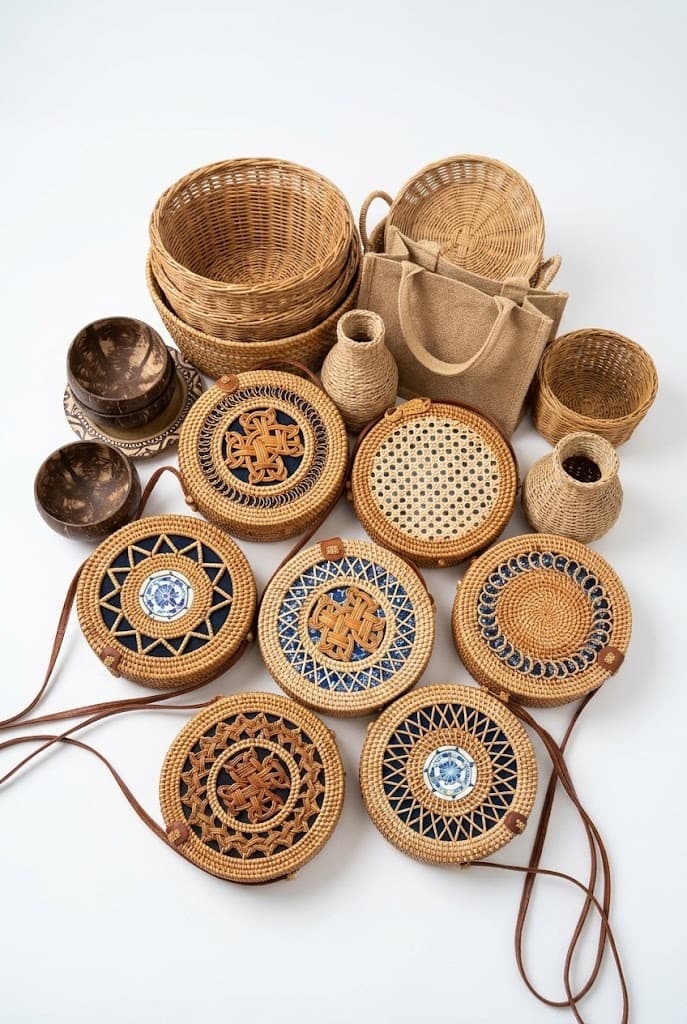 Rattan round bags, woven baskets, jute tote and coconut bowls