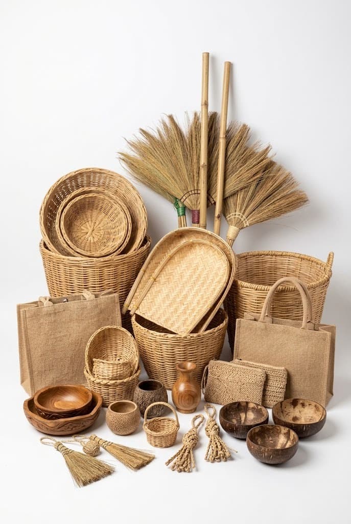 Woven baskets, jute bags, wooden bowls and natural fiber brooms