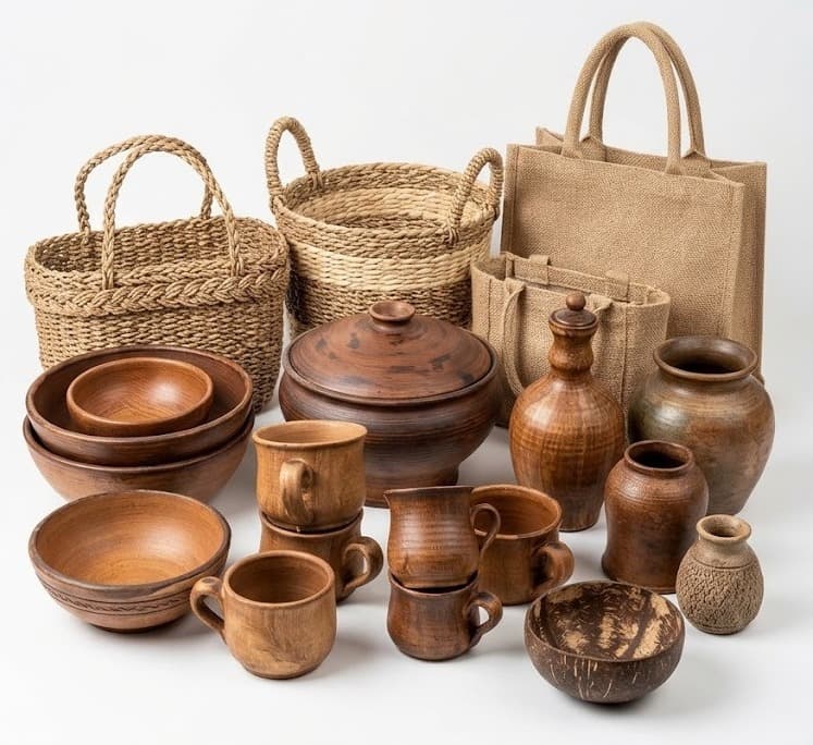 Wooden bowls, mugs, jars and vases with jute bags and woven baskets
