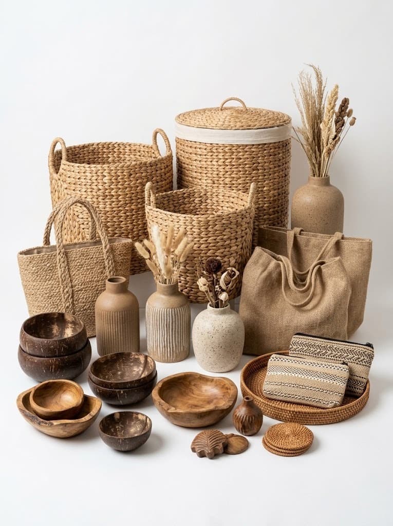 Seagrass baskets, jute totes, vases and coconut-shell bowls arrangement