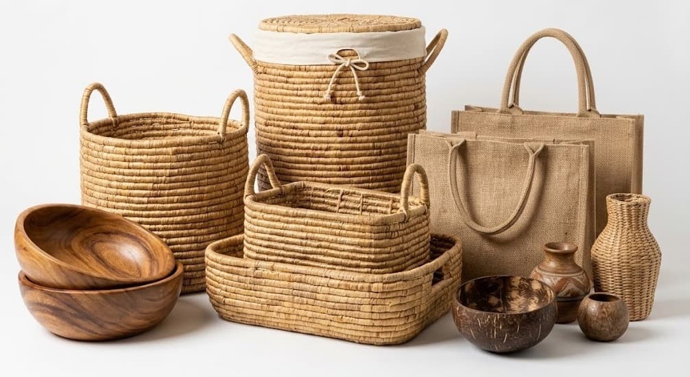 Rope-weave baskets, jute bags, wooden bowls and coconut vessels
