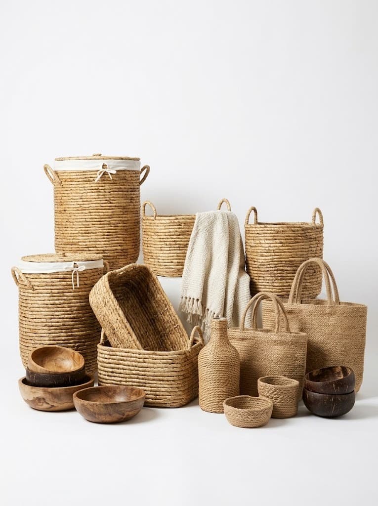 Tall woven laundry baskets, jute tote, wooden bowls with throw blanket