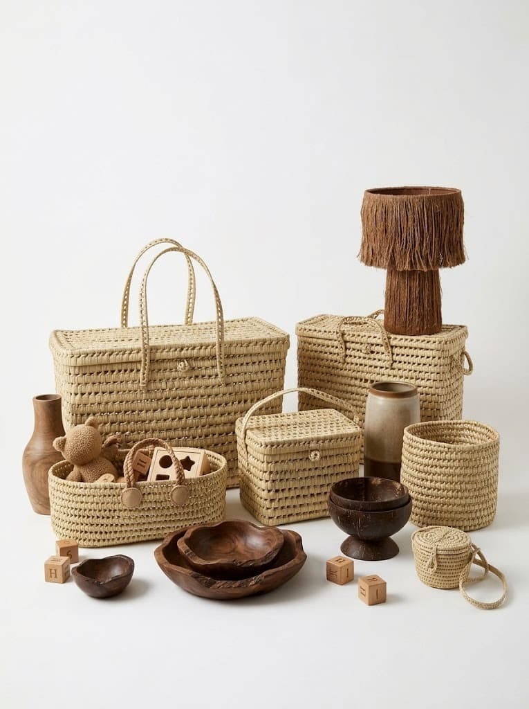 Woven rattan boxes, baskets, lamp and coconut-shell bowls with toys