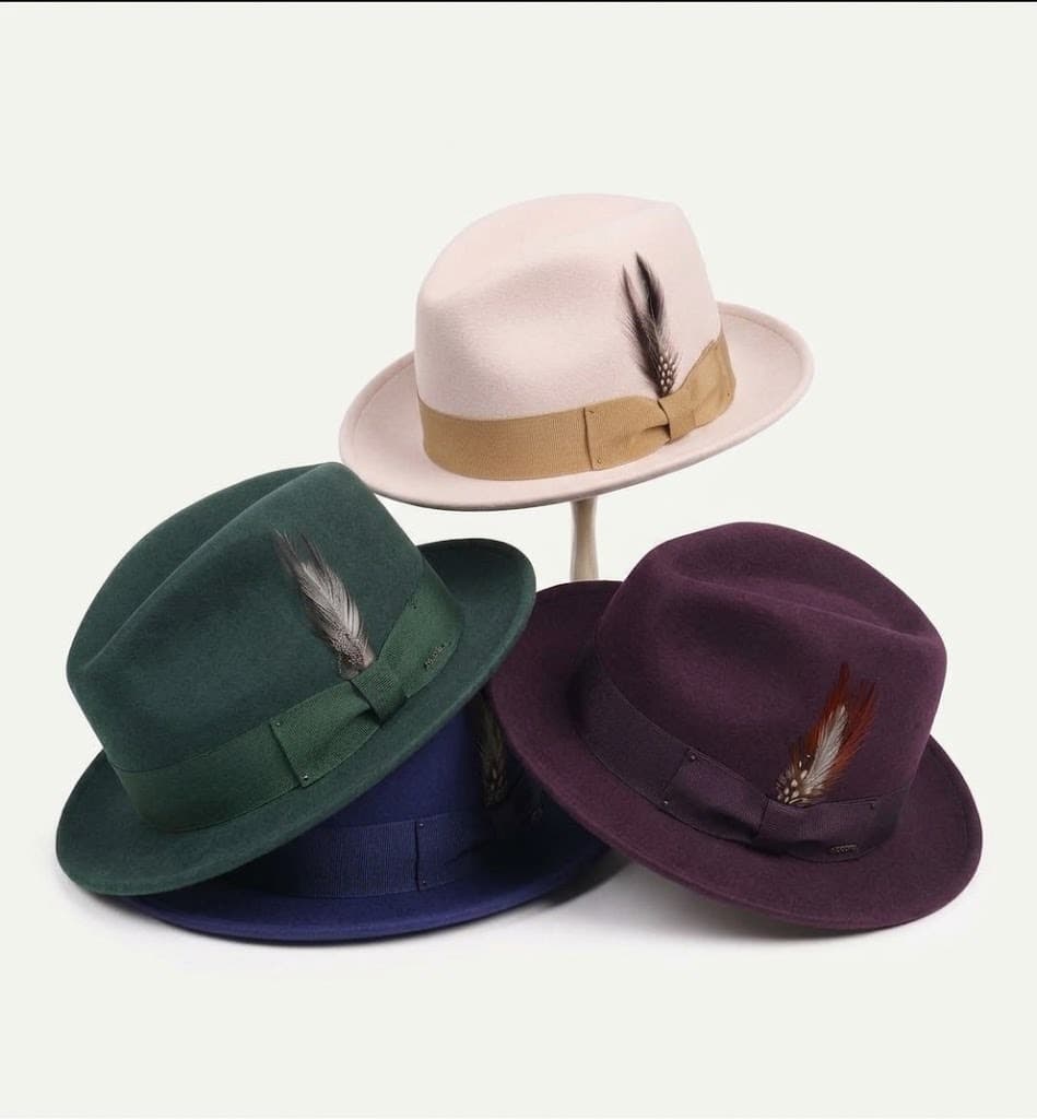 Felt fedora hats with feather and grosgrain band in pink, green, navy and plum
