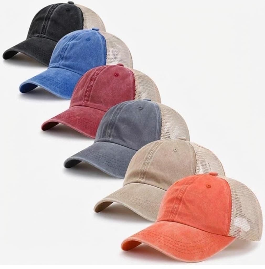 Six two-tone trucker caps with mesh back in black, blue, red, gray, beige and orange