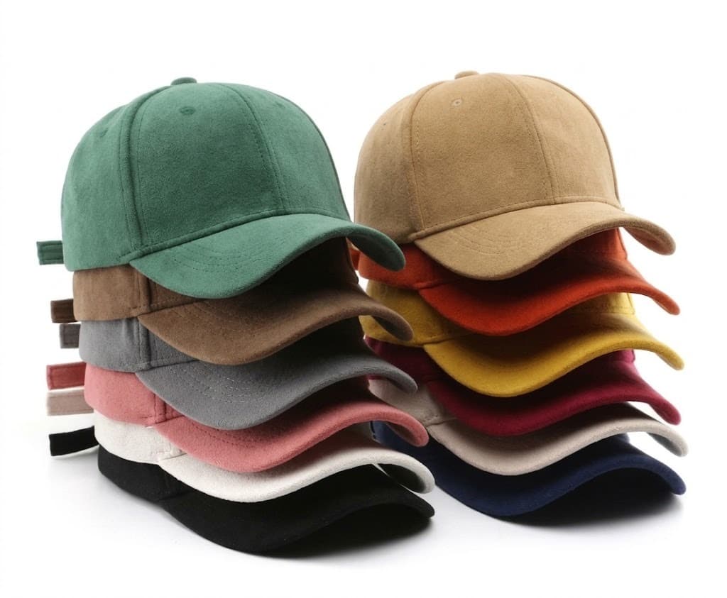 Stacks of plain suede baseball caps in green, tan, orange, yellow and burgundy on white background